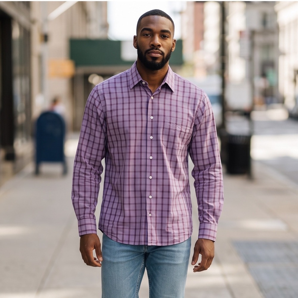Peter Millar Mens Large Purple Brown Check Plaid Cotton Button Down Shirt L